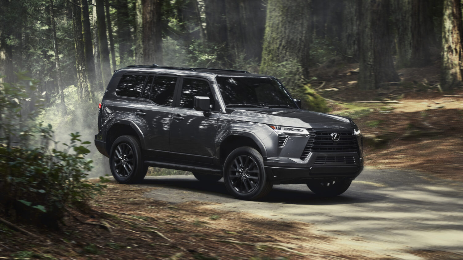 Lexus GX in gray driving a forest road through the trees