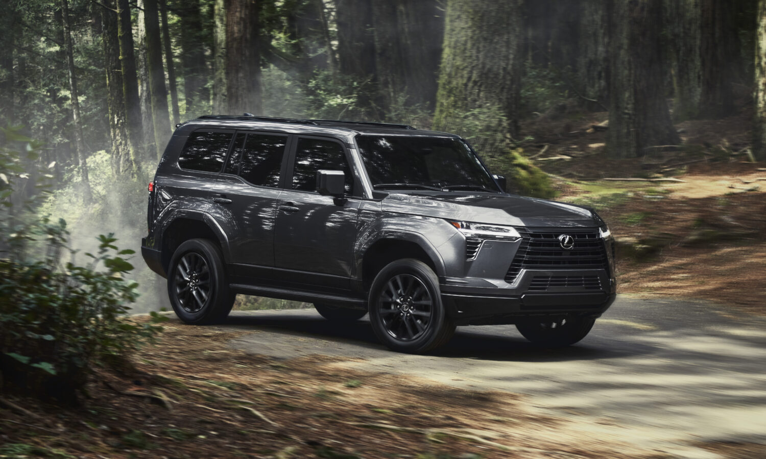 Lexus GX in dark gray driving a forest road through the trees