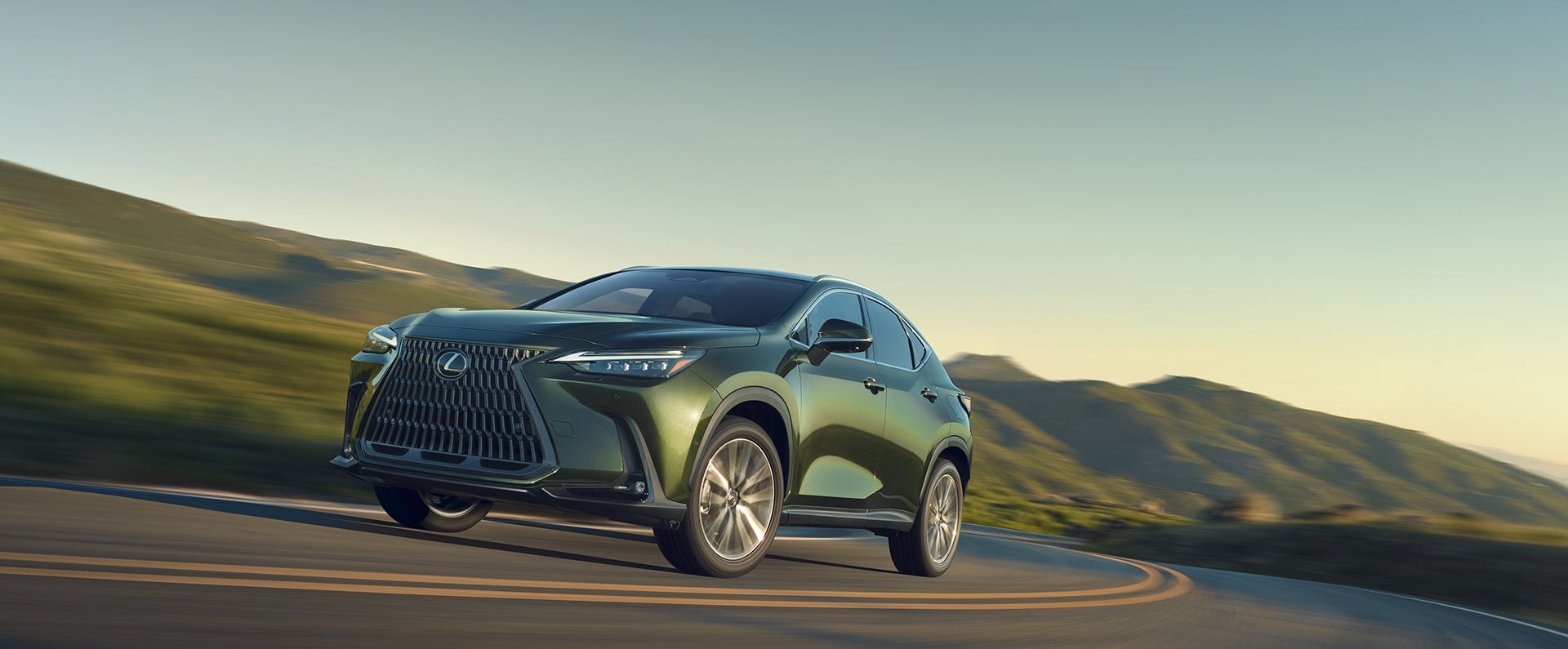 Lexus NX in dark green on a hillside road above open country at dusk