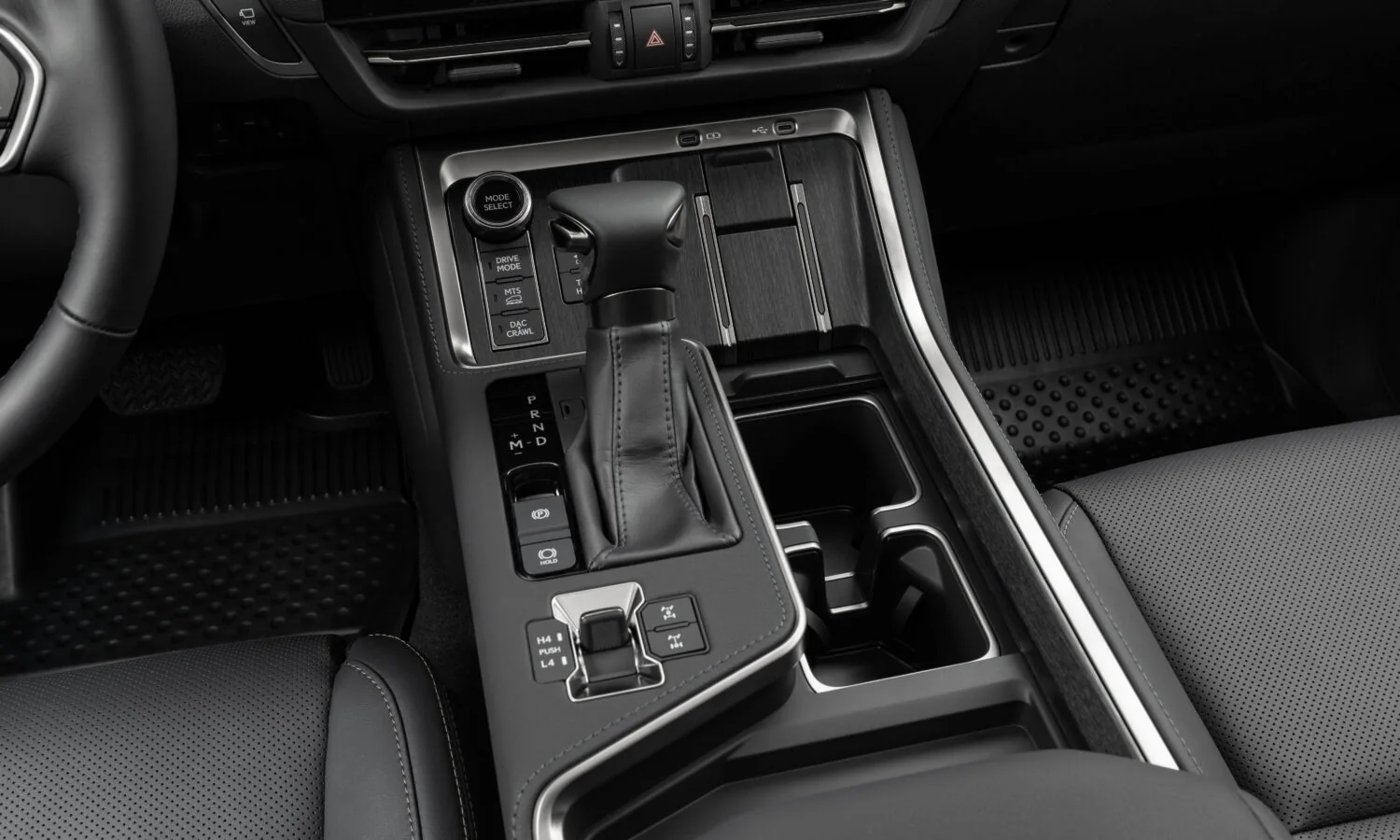 Lexus GX Overtrail center console with the gear selector and drive-mode controls