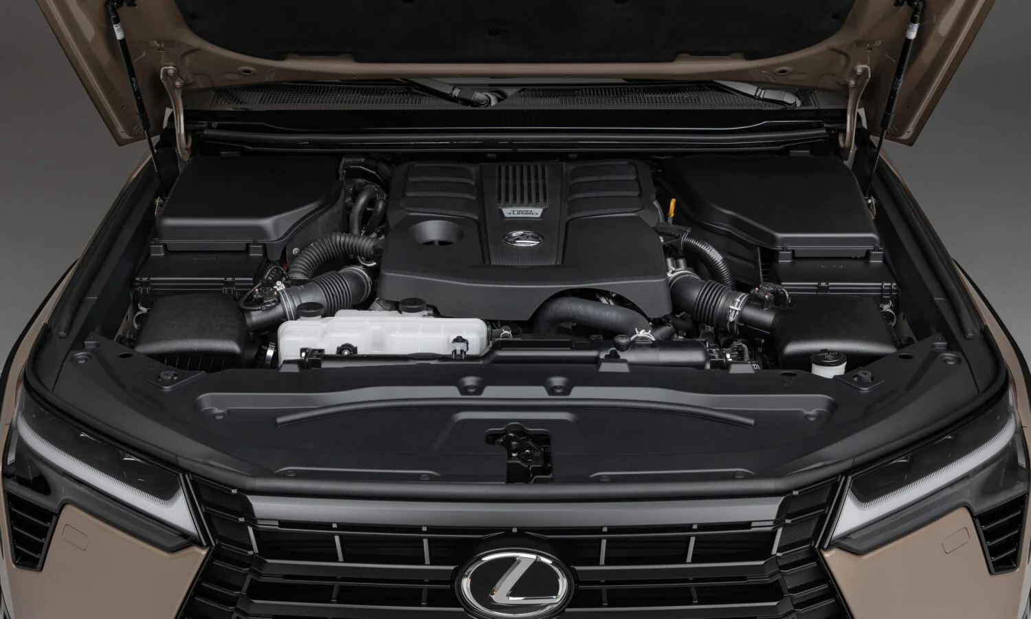 Engine bay of the Lexus GX Overtrail with the hood raised