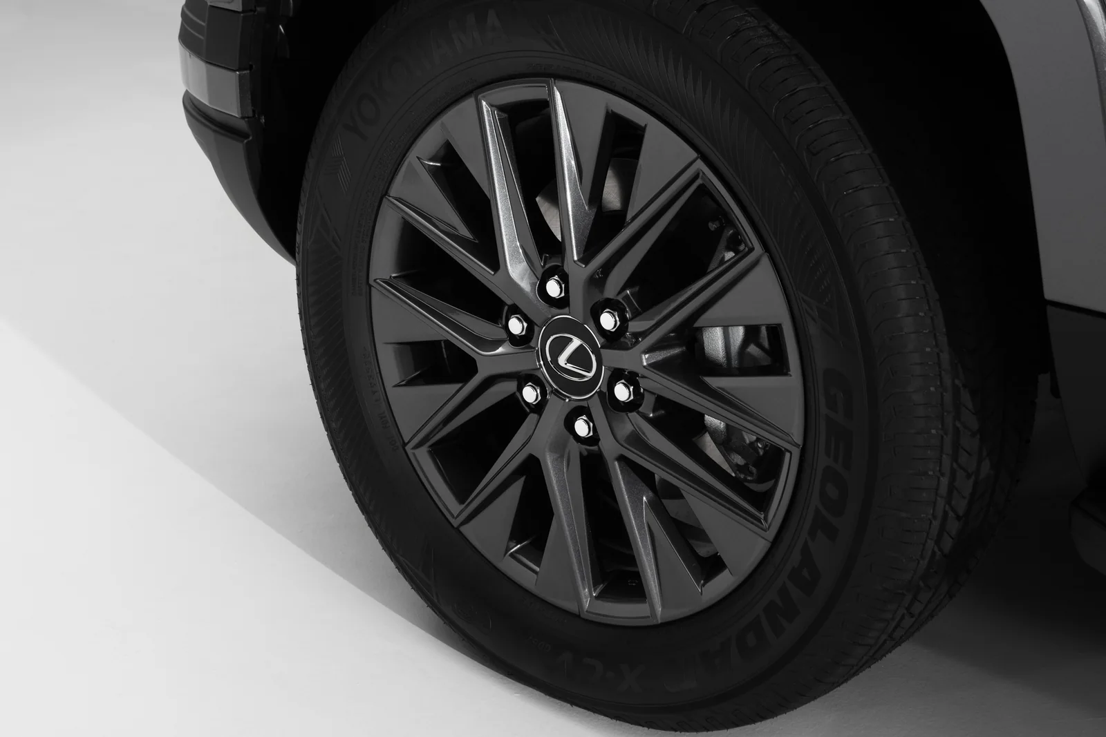 Close-up of a Lexus GX alloy wheel and all-terrain tire