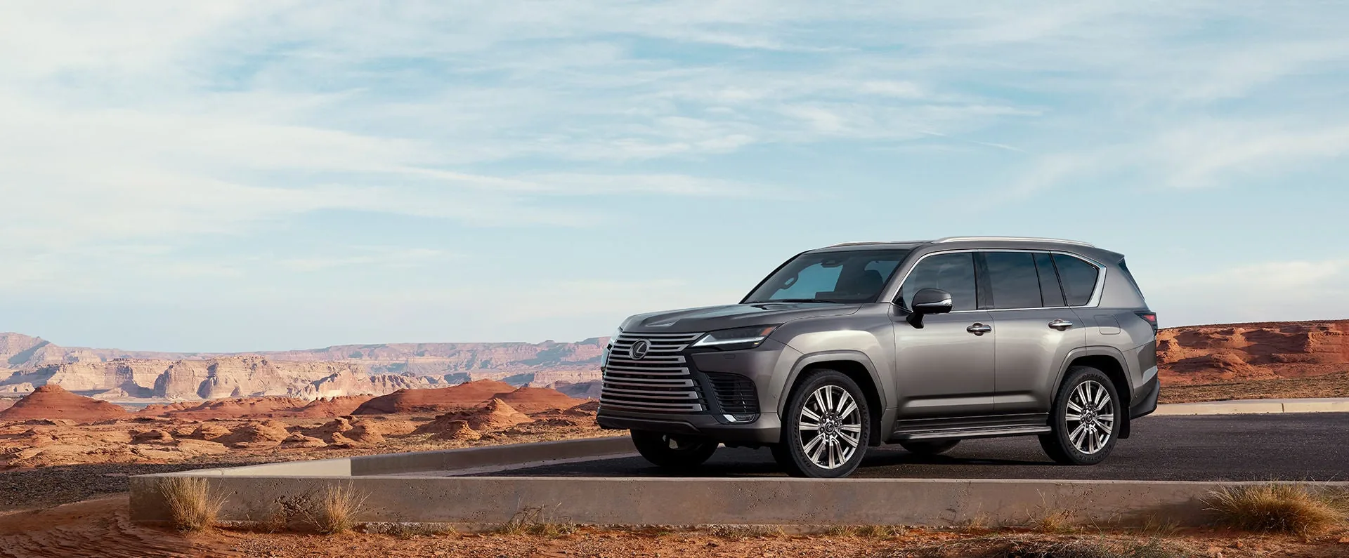 A gray Lexus LX parked at a desert overlook