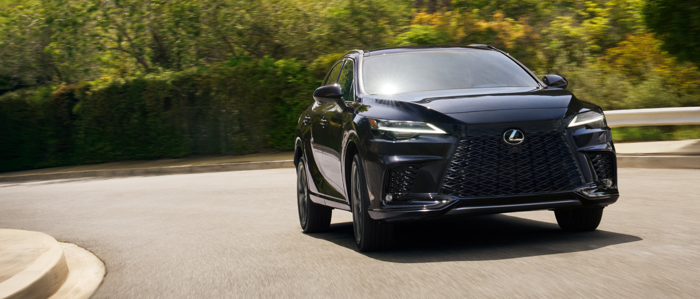 A black Lexus RX rounding a curve, front three-quarter view, with green hillside behind