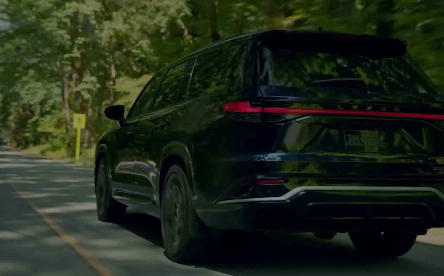 A black Lexus TX driving away on a tree-lined road